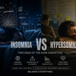 Split image showing insomnia vs hypersomnia: left side a woman awake in bed at 3:17 AM with stress and overthinking icons; right side a man asleep at a desk with a 'Still Tired' mug and notes about fatigue.