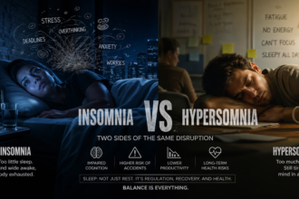 Split image showing insomnia vs hypersomnia: left side a woman awake in bed at 3:17 AM with stress and overthinking icons; right side a man asleep at a desk with a 'Still Tired' mug and notes about fatigue.