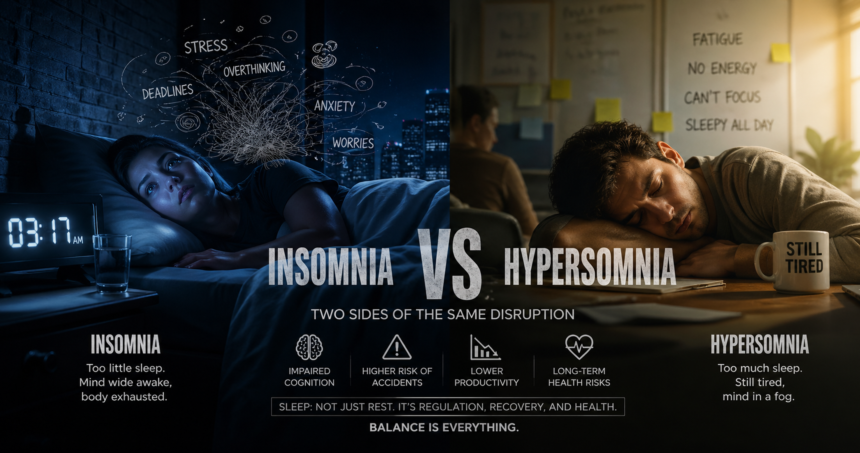 Split image showing insomnia vs hypersomnia: left side a woman awake in bed at 3:17 AM with stress and overthinking icons; right side a man asleep at a desk with a 'Still Tired' mug and notes about fatigue.