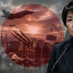 Composite image of a Japanese official speaking at a microphone, with a red sun flag and military ships, jets, and harbor cranes in the background.