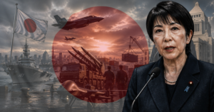 Composite image of a Japanese official speaking at a microphone, with a red sun flag and military ships, jets, and harbor cranes in the background.