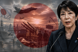 Composite image of a Japanese official speaking at a microphone, with a red sun flag and military ships, jets, and harbor cranes in the background.