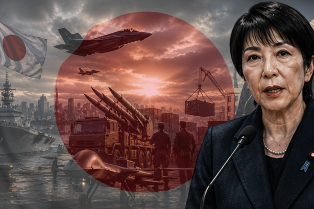 Composite image of a Japanese official speaking at a microphone, with a red sun flag and military ships, jets, and harbor cranes in the background.