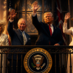 Four dignitaries stand on a balcony, waving to a crowd, with the presidential seal on the railing and American flags in the background at sunset.