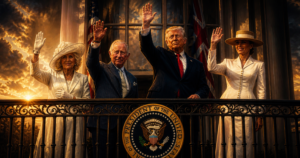 Four dignitaries stand on a balcony, waving to a crowd, with the presidential seal on the railing and American flags in the background at sunset.