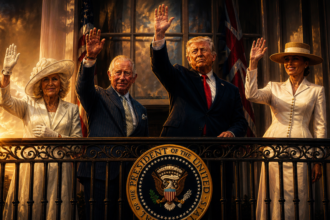 Four dignitaries stand on a balcony, waving to a crowd, with the presidential seal on the railing and American flags in the background at sunset.