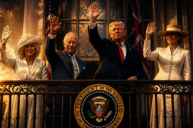 Four dignitaries stand on a balcony, waving to a crowd, with the presidential seal on the railing and American flags in the background at sunset.