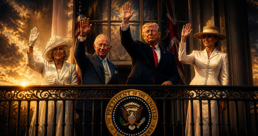 Four dignitaries stand on a balcony, waving to a crowd, with the presidential seal on the railing and American flags in the background at sunset.