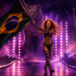 Female pop star on a runway stage waving a Brazilian flag amid purple lights and cheering crowd at a concert.