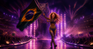 Female pop star on a runway stage waving a Brazilian flag amid purple lights and cheering crowd at a concert.