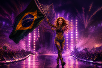 Female pop star on a runway stage waving a Brazilian flag amid purple lights and cheering crowd at a concert.