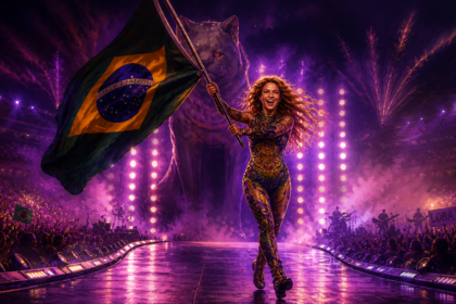 Female pop star on a runway stage waving a Brazilian flag amid purple lights and cheering crowd at a concert.