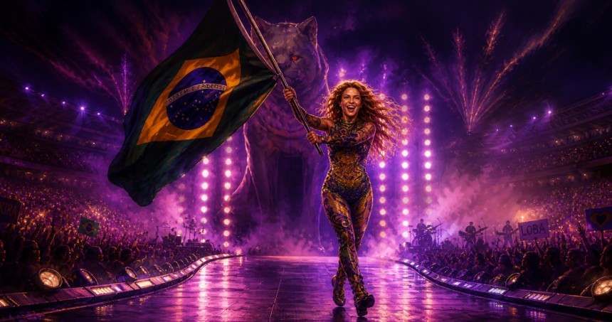 Female pop star on a runway stage waving a Brazilian flag amid purple lights and cheering crowd at a concert.