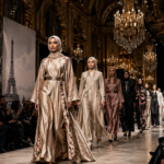 Models walk a couture runway during Paris Modest Fashion Week 2026, chandeliers glowing above, audience on both sides.