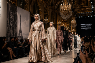 Models walk a couture runway during Paris Modest Fashion Week 2026, chandeliers glowing above, audience on both sides.