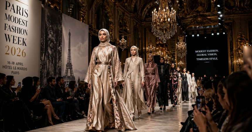 Models walk a couture runway during Paris Modest Fashion Week 2026, chandeliers glowing above, audience on both sides.
