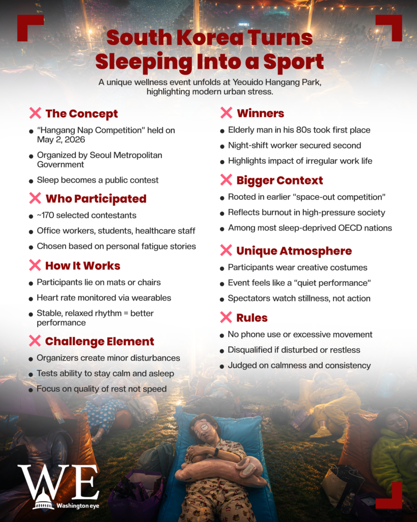 Infographic poster titled 'South Korea Turns Sleeping Into a Sport' showing people sleeping on mats at night in a park.