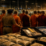 Line of Buddhist monks in orange robes being guarded by officials at a somber outdoor funeral with rows of sealed caskets in the foreground