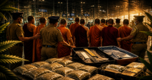 Line of Buddhist monks in orange robes being guarded by officials at a somber outdoor funeral with rows of sealed caskets in the foreground