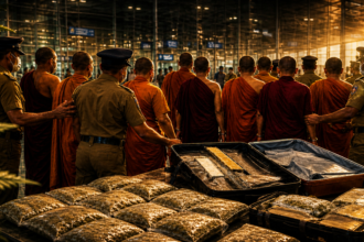 Line of Buddhist monks in orange robes being guarded by officials at a somber outdoor funeral with rows of sealed caskets in the foreground