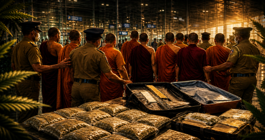 Line of Buddhist monks in orange robes being guarded by officials at a somber outdoor funeral with rows of sealed caskets in the foreground