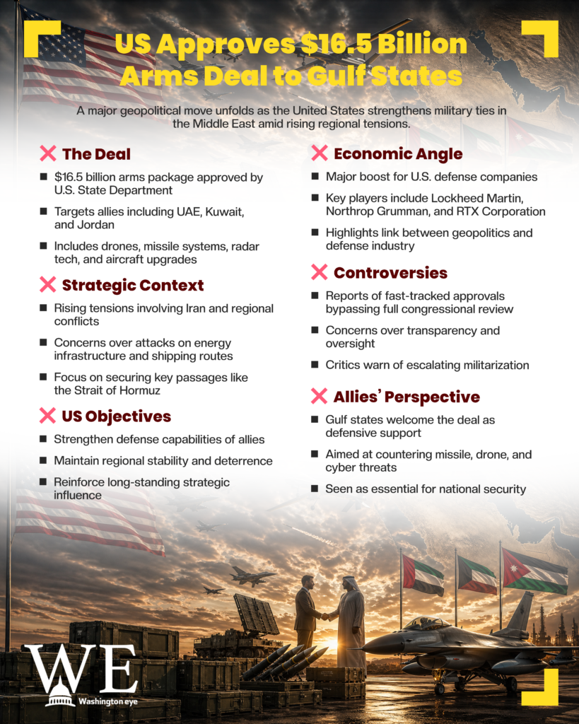 Infographic headline: US approves .5 billion arms deal to Gulf states, with images of flags, jets, and military gear in the background.