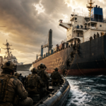 Soldiers in a rubber boat approach a large cargo ship named TOUSKA, Iran, as a helicopter flies overhead at sunset.