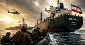 Soldiers in a rubber boat approach a large cargo ship named TOUSKA, Iran, as a helicopter flies overhead at sunset.