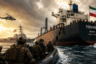 Soldiers in a rubber boat approach a large cargo ship named TOUSKA, Iran, as a helicopter flies overhead at sunset.