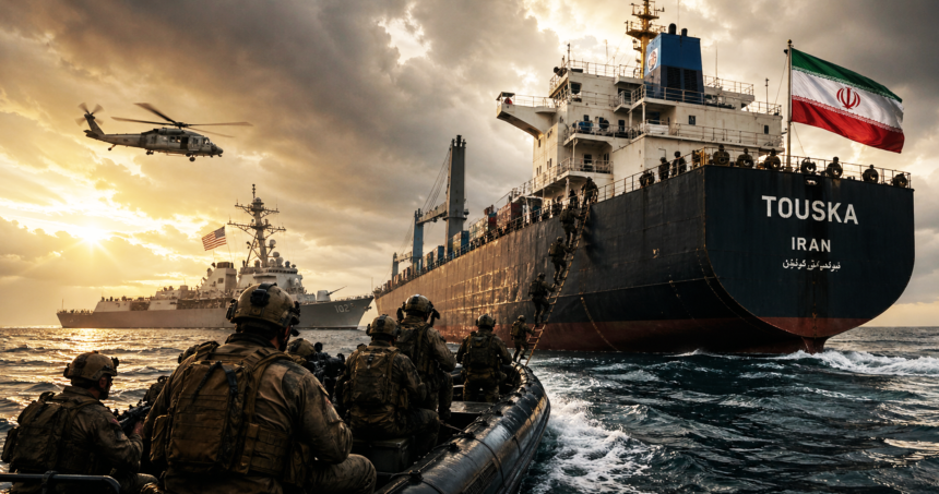 Soldiers in a rubber boat approach a large cargo ship named TOUSKA, Iran, as a helicopter flies overhead at sunset.