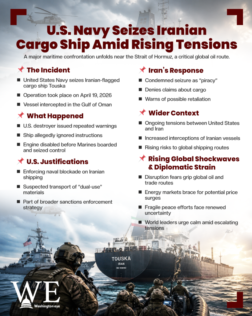 Infographic about the U.S. Navy seizing an Iranian cargo ship near Hormuz; shows a warship with bold red headings and bullet lists.
