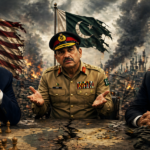 Three men in formal clothing seated at a ruined table with a chessboard, US, Pakistan, and Iran flags behind them amid a smoky, burning backdrop.