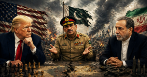 Three men in formal clothing seated at a ruined table with a chessboard, US, Pakistan, and Iran flags behind them amid a smoky, burning backdrop.