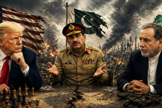 Three men in formal clothing seated at a ruined table with a chessboard, US, Pakistan, and Iran flags behind them amid a smoky, burning backdrop.