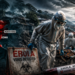 Medical workers in full protective suits carry a patient through a disaster zone with Ebola-related signage and a helicopter overhead, set against a dark, smoky landscape with a red map of the Congo on the left.