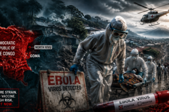Medical workers in full protective suits carry a patient through a disaster zone with Ebola-related signage and a helicopter overhead, set against a dark, smoky landscape with a red map of the Congo on the left.