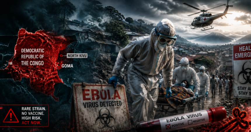 who declares congo ebola outbreak a global health emergency - graphics copy - washington eye Medical workers in full protective suits carry a patient through a disaster zone with Ebola-related signage and a helicopter overhead, set against a dark, smoky landscape with a red map of the Congo on the left.