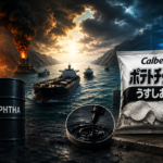 Industrial seascape showing a burning refinery near an Iranian flag, with oil rigs and ships on choppy water and foreground oil barrels labeled 'NAPHTHA' beside snack bags (Calbee chips).