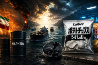 Industrial seascape showing a burning refinery near an Iranian flag, with oil rigs and ships on choppy water and foreground oil barrels labeled 'NAPHTHA' beside snack bags (Calbee chips).