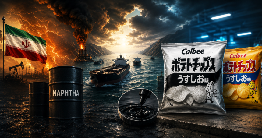 Industrial seascape showing a burning refinery near an Iranian flag, with oil rigs and ships on choppy water and foreground oil barrels labeled 'NAPHTHA' beside snack bags (Calbee chips).