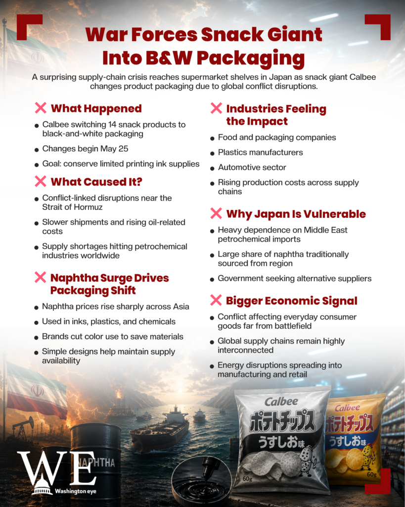 Infographic collage showing a war-themed background and text about Calbee snack packaging moving from color to black-and-white, with bullet-point impacts and industry effects.