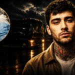 Close-up of a tattooed man in a brown jacket at a nighttime outdoor concert, with a tour bus behind him and a bright stage in the distance; inset shows a man in a hospital bed inside a circular frame.