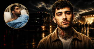 Close-up of a tattooed man in a brown jacket at a nighttime outdoor concert, with a tour bus behind him and a bright stage in the distance; inset shows a man in a hospital bed inside a circular frame.
