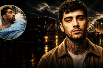 Close-up of a tattooed man in a brown jacket at a nighttime outdoor concert, with a tour bus behind him and a bright stage in the distance; inset shows a man in a hospital bed inside a circular frame.