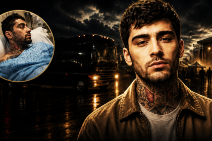 Close-up of a tattooed man in a brown jacket at a nighttime outdoor concert, with a tour bus behind him and a bright stage in the distance; inset shows a man in a hospital bed inside a circular frame.