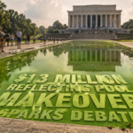 Crowd lines the edge of a green-tinted reflecting pool in front of the Lincoln Memorial, with a bold headline about a $13 million makeover across the water.