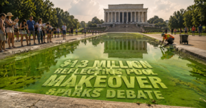 Crowd lines the edge of a green-tinted reflecting pool in front of the Lincoln Memorial, with a bold headline about a $13 million makeover across the water.
