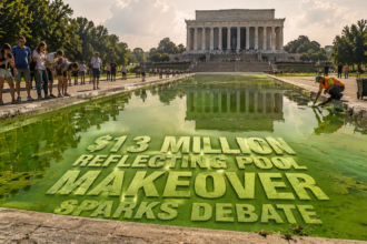 Crowd lines the edge of a green-tinted reflecting pool in front of the Lincoln Memorial, with a bold headline about a $13 million makeover across the water.
