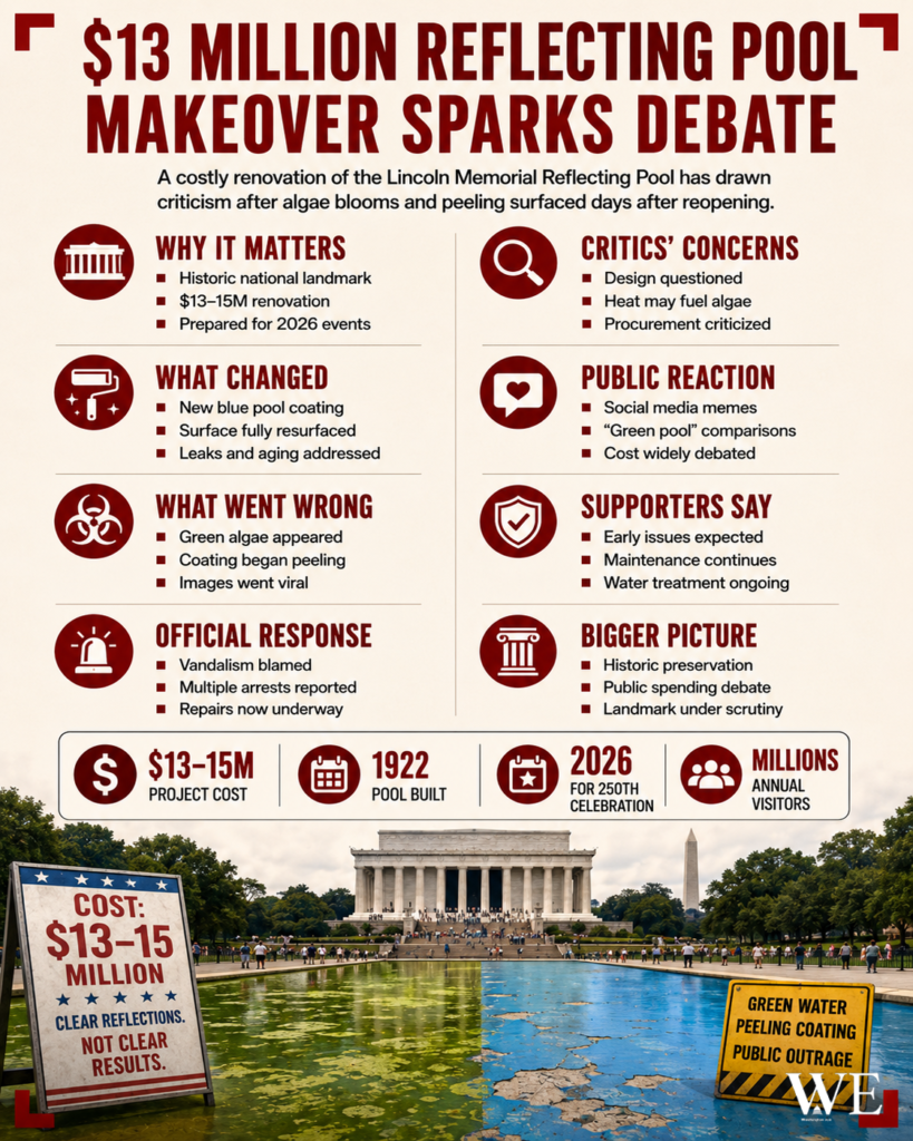 Infographic about a –15 million Lincoln Memorial Reflecting Pool makeover, listing sections like Why it matters, What changed, Critics’ concerns, Public reaction, and more, over a photo of the pool and memorial at the bottom.