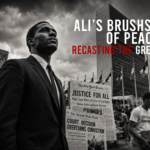 Black-and-white protest scene with a man in a suit among signs demanding equality and justice in a city square.